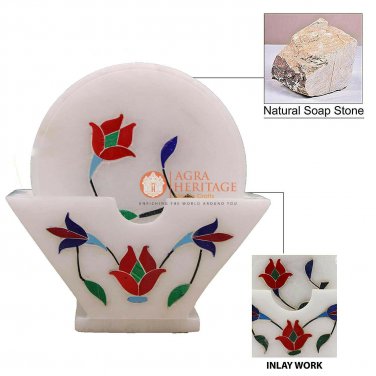 White Marble Teapot Coaster Set Carnelian Marquetry Floral Design Table Decor