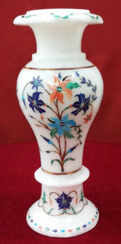 7" White Marble Flower Vase Jar Mosaic Stone Inlay Floral Showpiece Decor Gifts