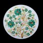8" White Marble Round Dish Plate Malachite Inlay Handicraft Gift Decor H5426