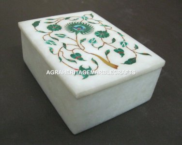 White Marble Jewelry Storage Box Malachite Inlay Floral Christmas Best Gifts E18