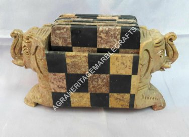 Marble Chess Design Coaster Set Elephant Art Hand Carved Gift Home Decor H4123