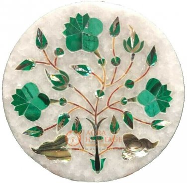 3.5" Marble Round Wall Decor Tile Malachite Inlaid Floral Marquetry Art Decor