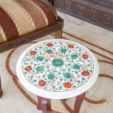 Marble White Round Top Counter Table Malachite Inlay Fine Flora Design Gift Deco