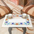 Marble Table Top Dining Set With Wooden Stand Turquoise Semi Precious Stone Art