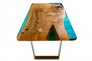 Blue Resin Wooden Epoxy Custom Cocktail Table Top Live Edge Design Interior Deco