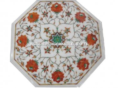 Marble Small Coffee Table Top Carnelian Malachite Inlay Floral Patio Decor H449