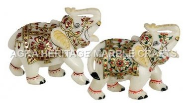3" Marble White Hand Painted Elephant Statue Design Good Luck Gift Decor E658