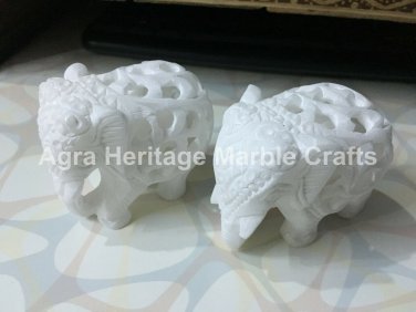 2.5" Marble Pair Elephants Filigree Hand Carved Handmade Work Home Decor Arts