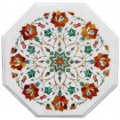 White Marble Small Coffee Center Table Top Carnelian Inlay Floral Arts Decor