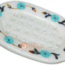 5"x3" Marble White Soap Dish Bar Turquoise Inlaid Handmade Art Bathroom Decor