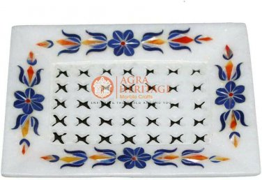 6"x4" Marble Handmade Filigree Soap Dish Bar Lapis Floral Art Bathroom Decor Art
