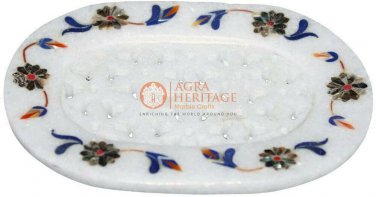 4"x3" Marble White Top Soap Dish Bar Lapis Inlay Pietradura Floral Veterans Gift
