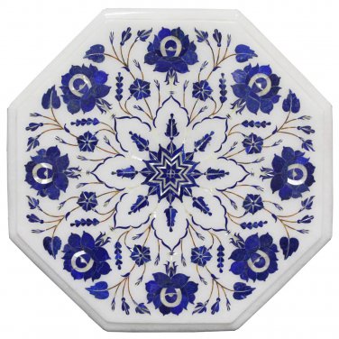 Marble Small Coffee Table Top Lapis Lazuli Marquetry Inlay Housewarming Gift