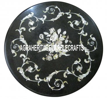 Black Marble Small Coffee Table Top Handmade Inlay Design Christmas Gift H3334