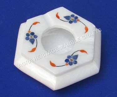 4" Marble White Smoking Ash Tray Precious Inlay Stone Bedroom Table Decor E728