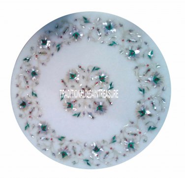 White Marble 12" Small Coffee Table Top Mother of Pearl Malachite Inlay Decor