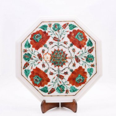 13"x13" Marble White Cafeteria Table Top Carnelian Marquetry Floral Fine Art Dec