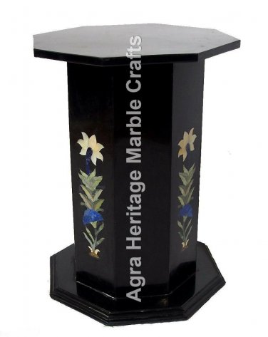18"x15" Black Modern Marble Stand Base Inaid Marquetry Floral Outdoor Decor E547