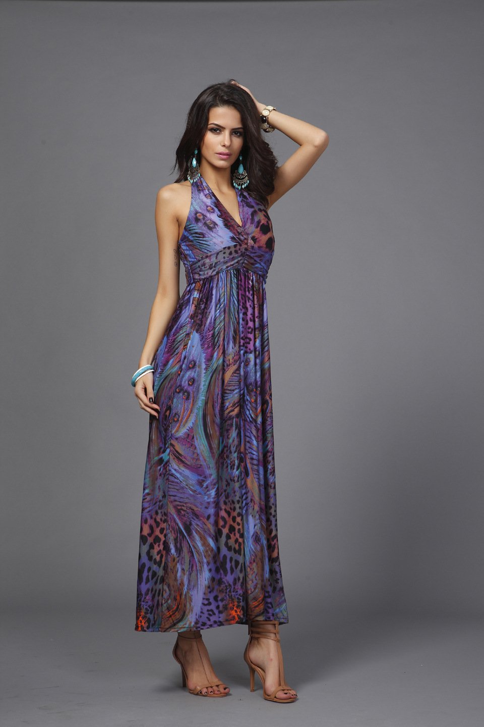 Purple Women's summer clothing beachwear halter-neck backless Bohemia peacock flower maxi dresses