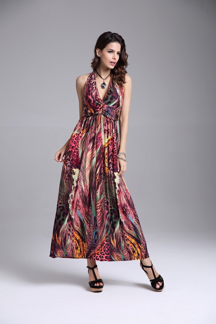 Orange Women's summer clothing beachwear halter-neck backless Bohemia peacock flower maxi dresses