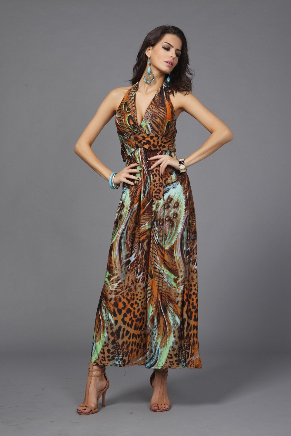 Brown Women's summer clothing beachwear halter-neck backless Bohemia peacock flower maxi dresses