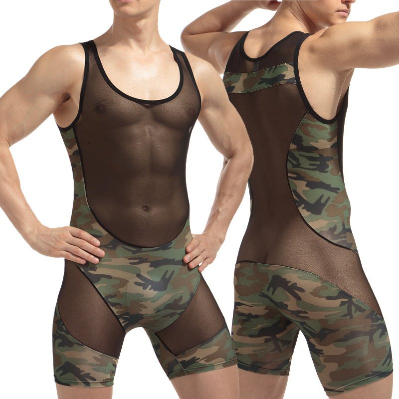 #M436 Men's sexy underwear camouflage wrestling singlet mesh stitching bodysuit one-piece siamese