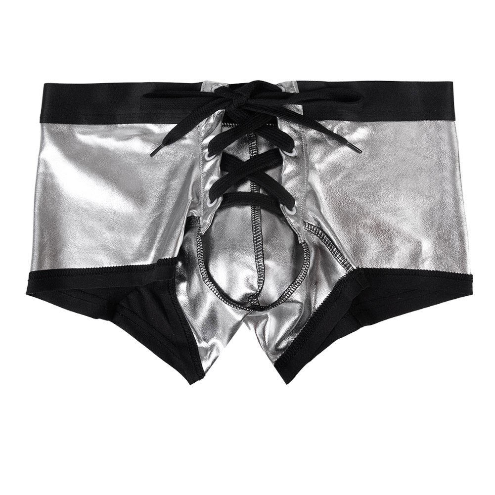 Silver Men's sexy underwear Superbody PU faux leather drawstring boxer briefs #G180101