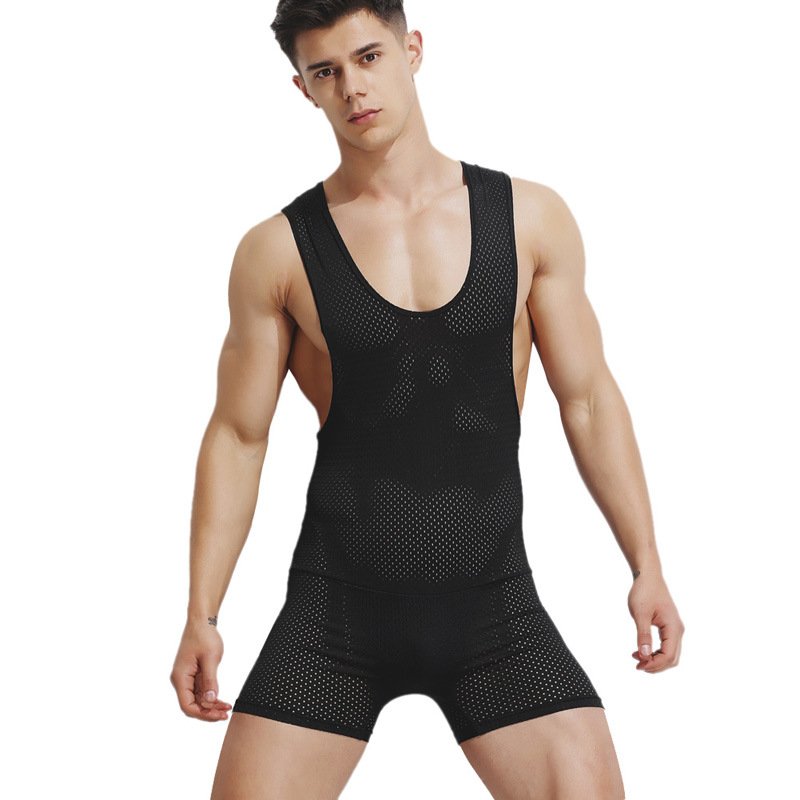 Men's sexy underwear Black mesh holes wrestling singlet sleepwear bodysuits #SP180607