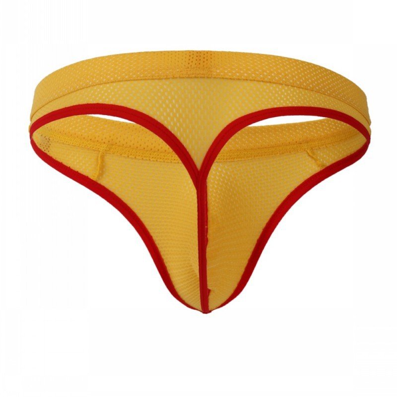 Yellow 3pcs Sexy men's underwear mesh holes thong t-string #4003DK