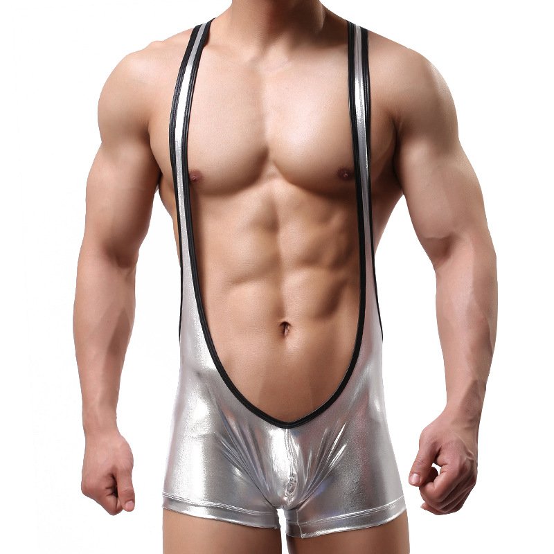 Sexy Men S Underwear Faux Leather Metallic Bodysuit Wrestling Singlet 01lt