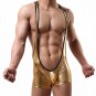 Men's sexy underwear faux leather metallic gold bodysuit wrestling singlet #111