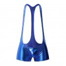 Blue Faux Leather Men's sexy underwear fitness bodysuit Wrestling singlet leotard #1045LT