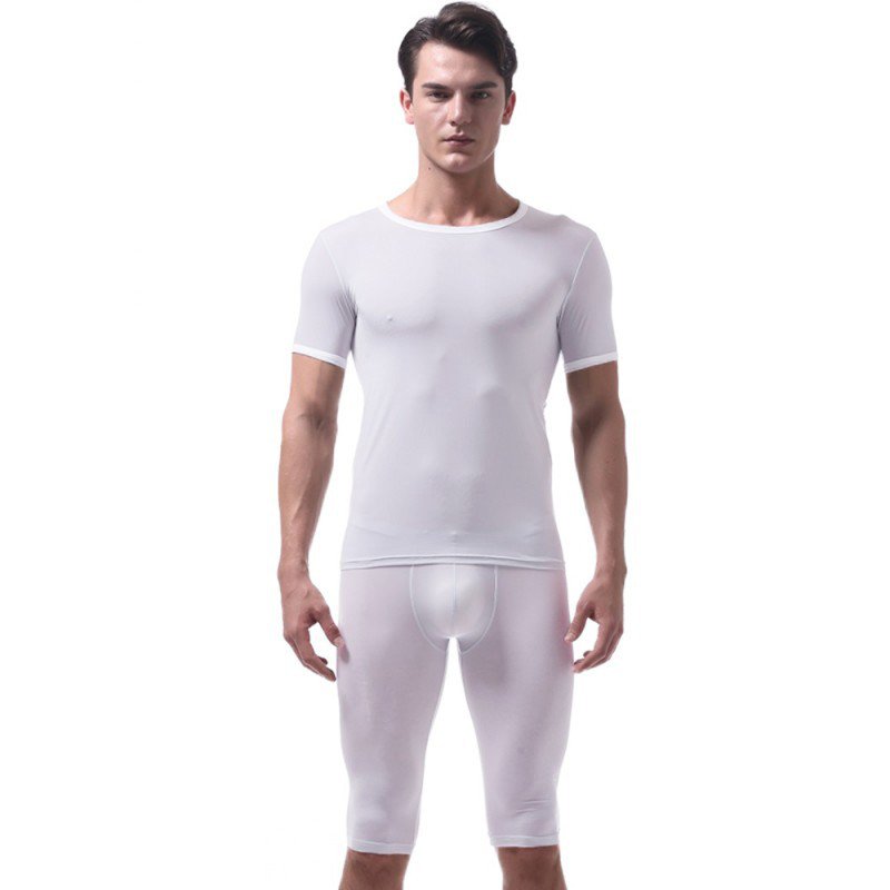 Vanskoos Men's underwear Ice silky sleepwear twinset Pajamas Set loungewear set White #VS007DTZ