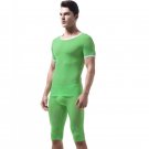 Vanskoos Men's sexy underwear Ice silky sleepwear twinset Pajamas Set loungewear set Green #VS007DTZ