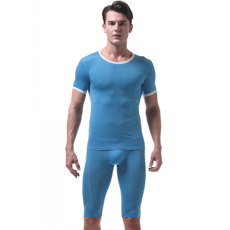 Men's sexy underwear Ice silky sleepwear twinset Pajamas Set loungewear set Blue #VS007DTZ