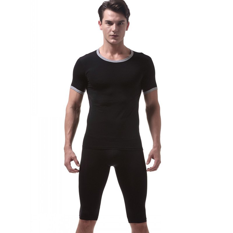 Vanskoos Men's sexy underwear Ice silky sleepwear twinset Pajamas Set loungewear set Black #VS007DTZ