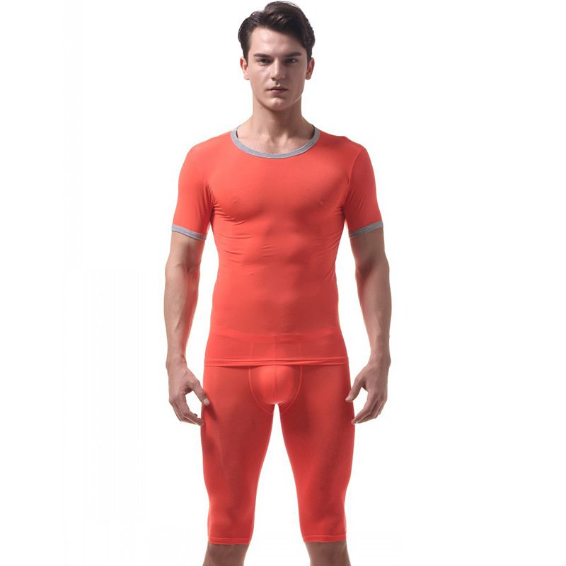 Men's sexy underwear Ice silky sleepwear twinset Pajamas Set loungewear set Orange #VS007DTZ