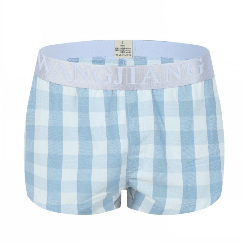 Men's sexy underwear 100% cotton plaid pouch boxer shorts Blue/White #1044JJK