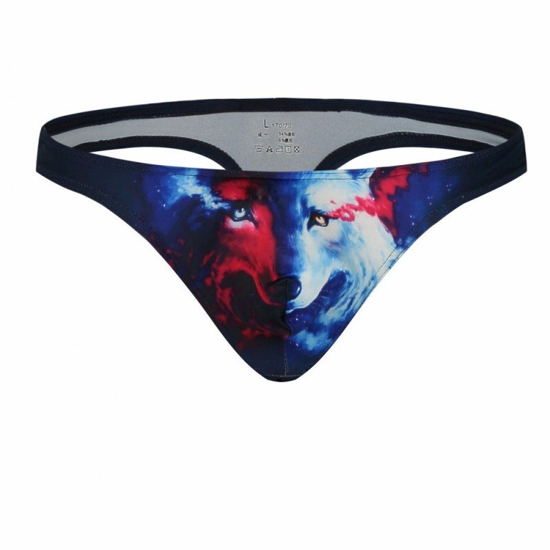 3PK Sexy Men's underwear underpants lingerie Wolf graphic printed Thongs G-strings Royal #1034DK