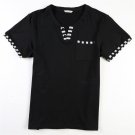 Men's clothing cotton blend V-neck stripes short sleeve sports t-shirt Black #1017DX