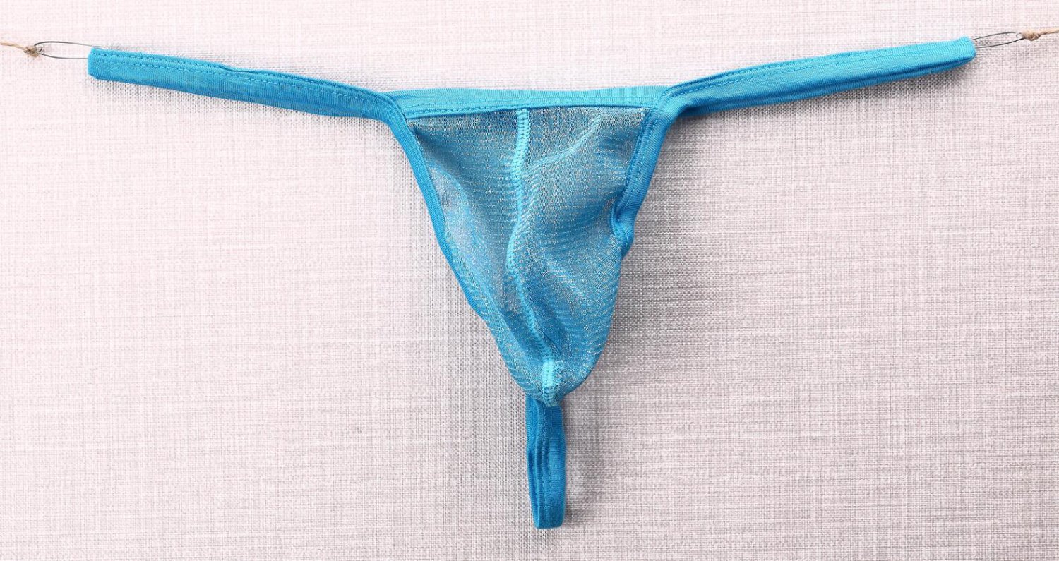 3pcs Sexy Men's underwear shiny mesh gauze thongs t-string g-string Blue #E080