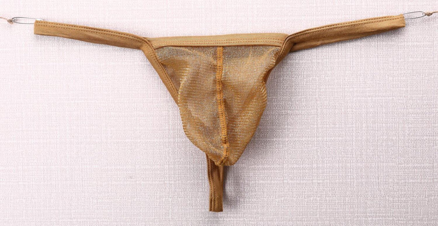 3pcs Sexy Men's underwear shiny mesh gauze thongs t-string g-string Gold #E080