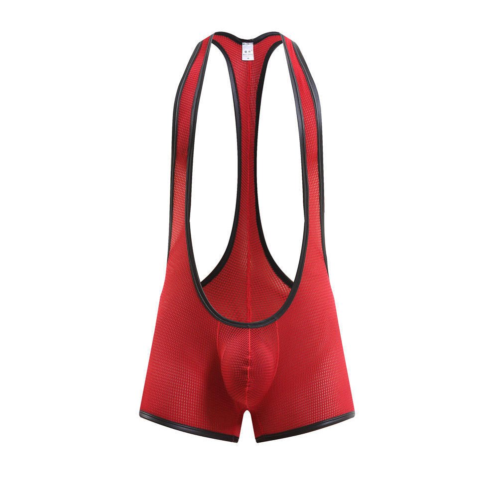 Men's sexy underwear mesh gauze stretch leotard wrestling singlet bodysuit Red #1910