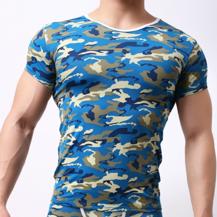 Men's clothing short sleeve t-shirt cosplay top Camouflage Blue #016DX
