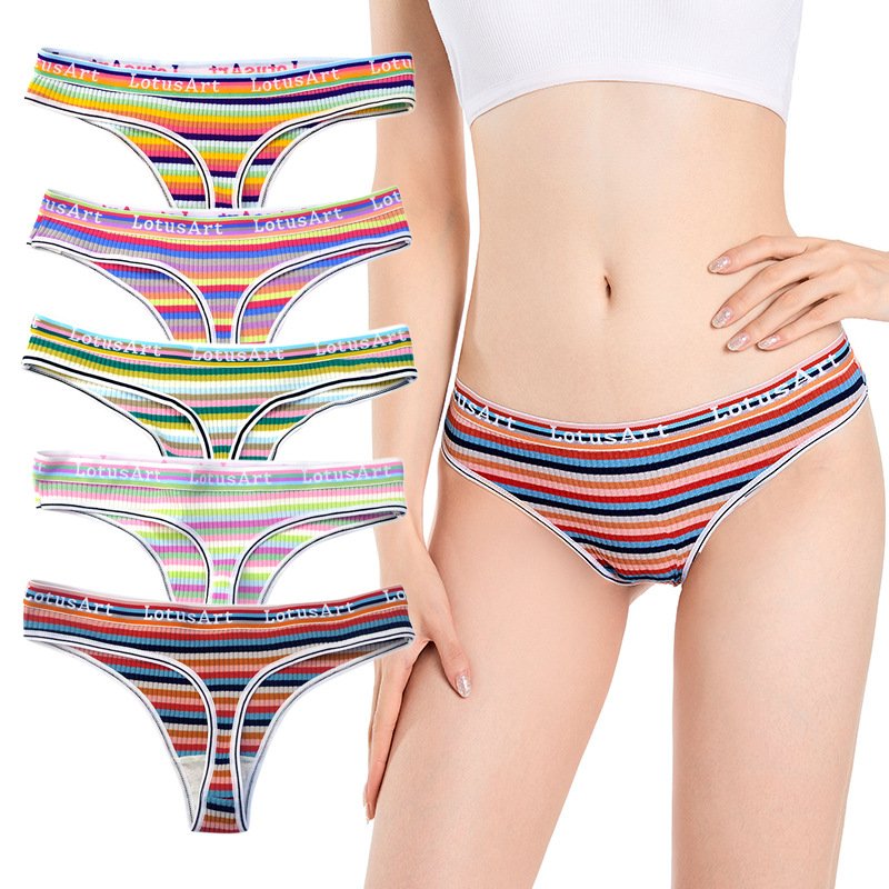 Mixed 5PK Women's G-strings cotton blend striped Threaded hipster sports Thong t-string #L811