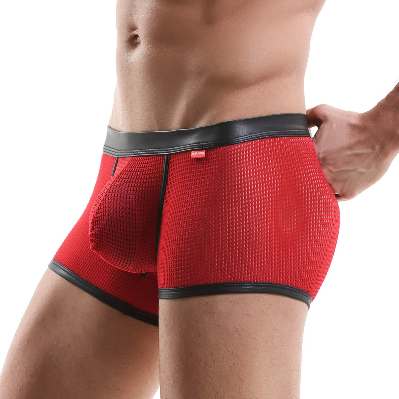 3PK Sexy Mens Underwear Mesh Perforated Holes Translucent Boxer Briefs Underpants Red MJ1911