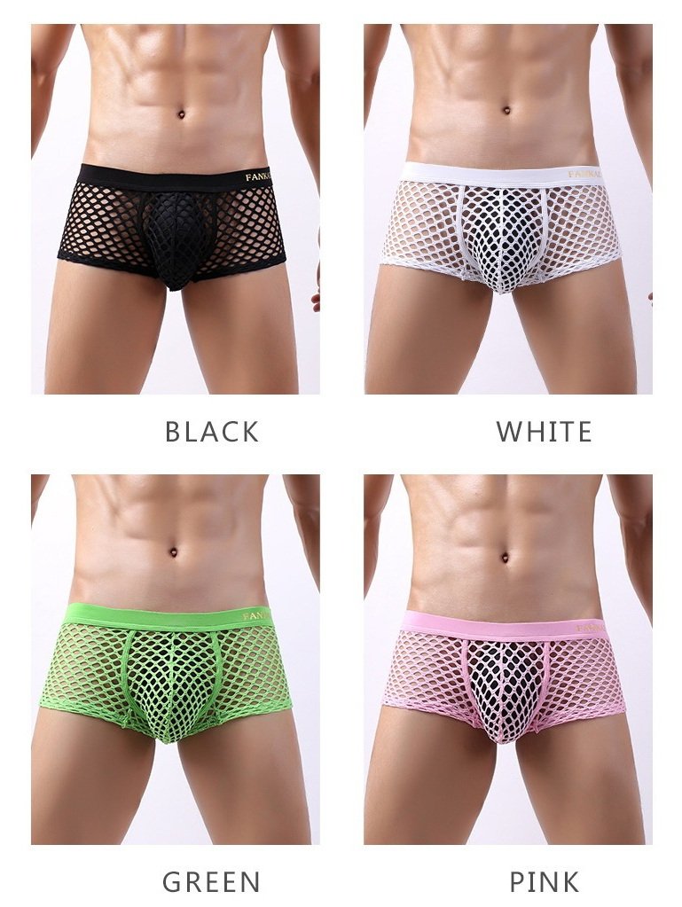 Men's sexy underwear lingerie mesh transparent perforated holes boxer briefs underpants F2105