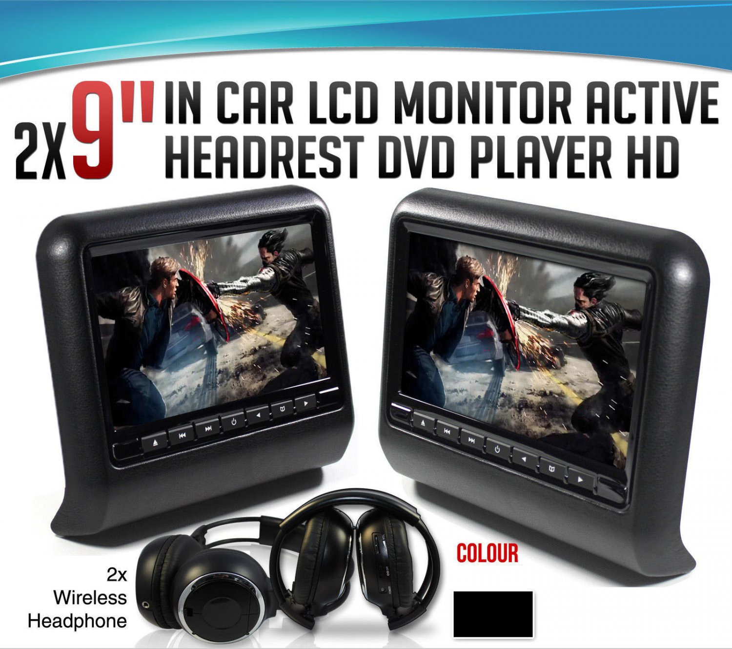 2018 Black Pair Digital 9" Active Restraint Headrest DVD Players Monitors Screens