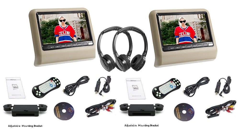 2018 Tan Beige Pair Digital 9" Active Restraint Headrest DVD Players Monitors Screens