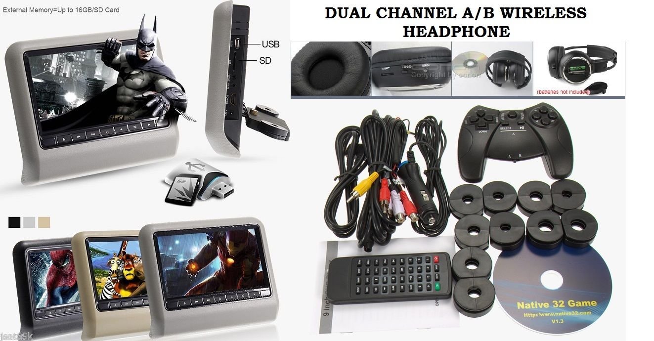 2018 9" HD Digital LCD Screen Car Headrest Monitor Mount DVD Player Headphones